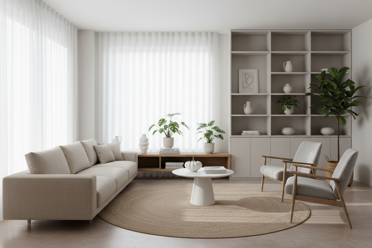 Minimalist modern living room in soft natural daylight, clean Scandinavian interior design. Neutral beige and white tones, smooth surfaces, elegant wooden textures, and subtle shadows. A cozy, contemporary home atmosphere with plants, shelves, ergonomic furniture, and organized space. Premium lifestyle mood, calm and refined, perfect for a home & lifestyle e-commerce brand.
